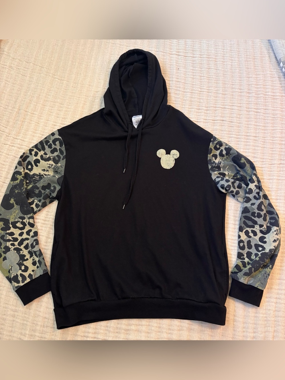 Disney Parks Mickey Mouse Pullover Hoodie with Leopard Sleeve Print- M